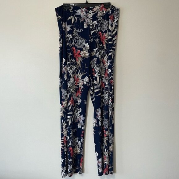 New Kim & Co Wide Leg Navy Blue Floral Stretch Pants Size XXXL bin 1G - Picture 2 of 5